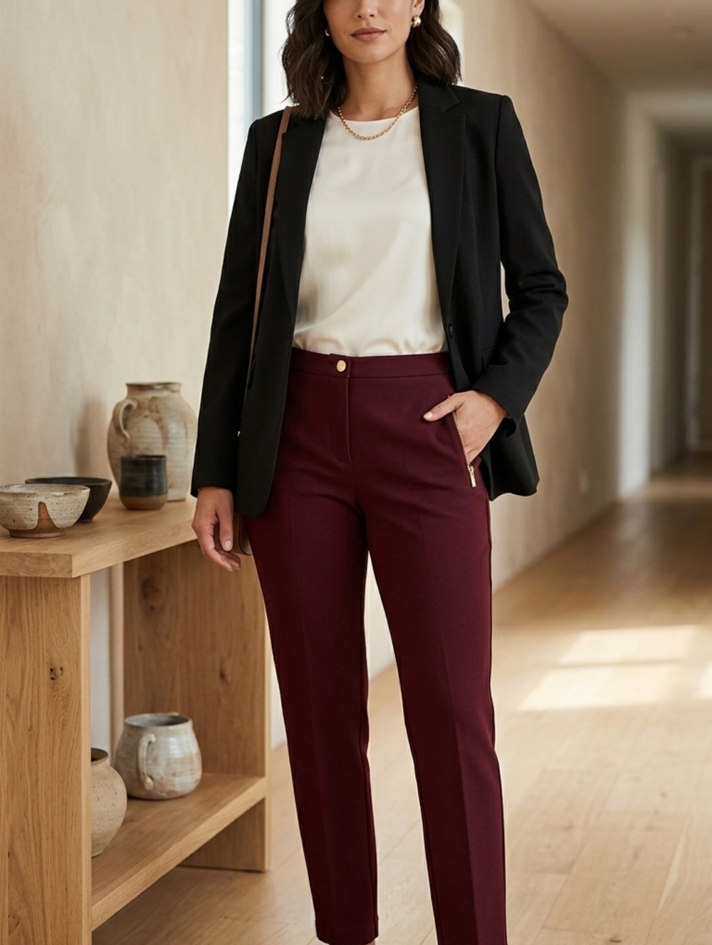 Calvin Klein Maroon Trousers with Metallic Zipper